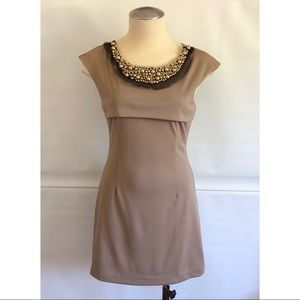 Petites Friendly Tan Mini Dress with Beaded Neckline